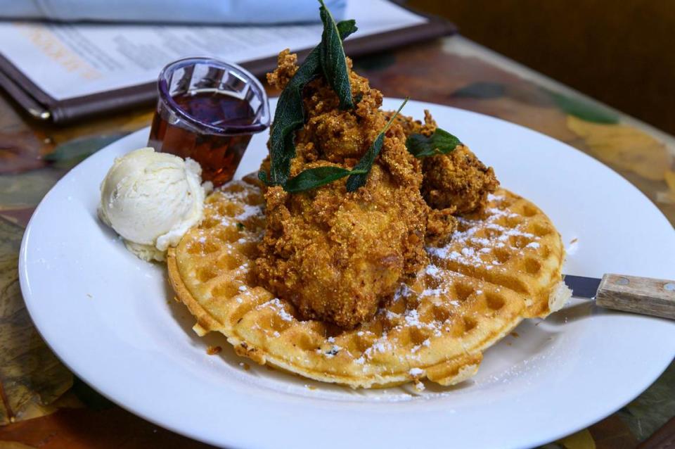 Waffles can be made thin or thick Belgian style and is served with salted maple butter at The Morning Fork on Monday, Sept. 30, 2019. You can add maple sage fried chicken for $6.