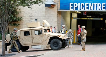 National Guard soldiers set up around the Epicentre in preparation for potential protesting of the police shooting of Keith Scott in Charlotte, North Carolina, U.S. September 23, 2016. REUTERS/Jason Miczek