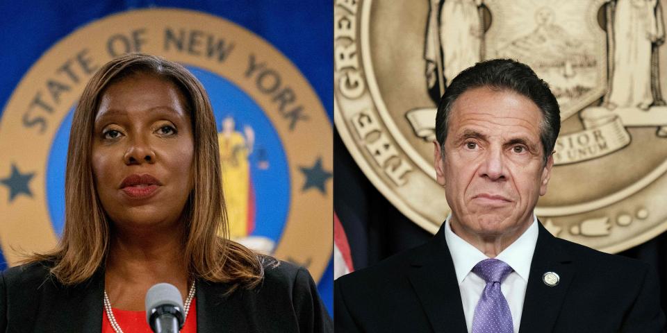 Attorney General Letitia James (L) presents the findings of an independent investigation into accusations by multiple women about New York Governor Andrew Cuomo (AFP via Getty Images)