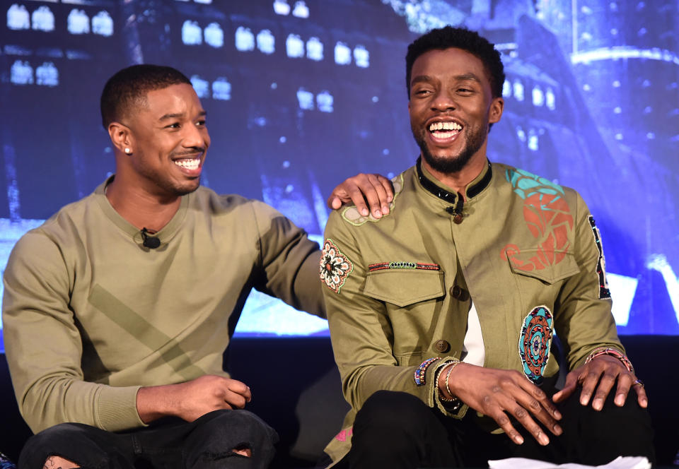 Michael B. Jordan, left, and Chadwick Boseman at a <i>Black Panther</i> press conference in January. (Photo: Alberto E. Rodriguez/Getty Images for Disney)