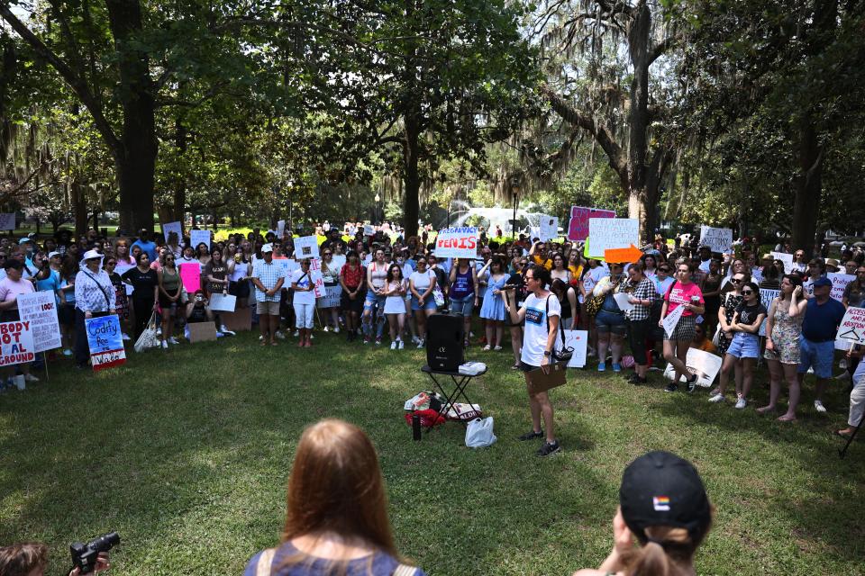 Georgia State House of Representatives candidate Anne Allen Westbrook speaks during a gathering in Forsyth Park before a march for abortion rights on Saturday May 14, 2022 in Savannah Georgia.