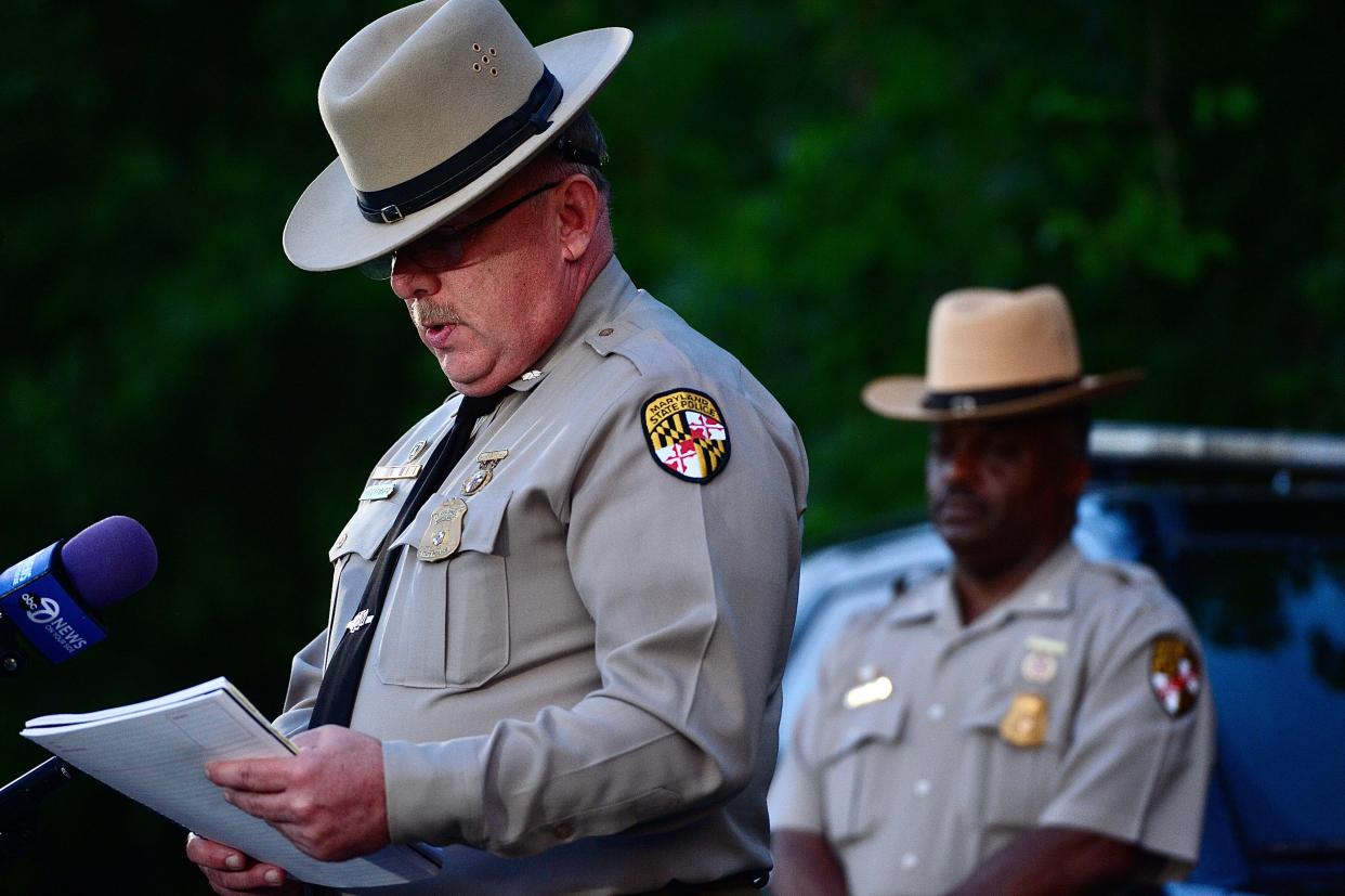 Lt. Col. Bill Dofflemyer of the Maryland State Police speaks during a news conference on Thursday night in Smithsburg.