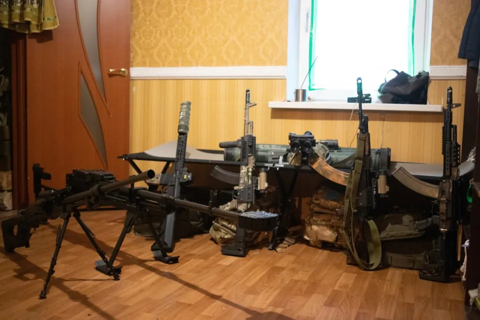 <div class="inline-image__caption"><p>A weapons collection in a barracks in Kramatorsk.</p></div> <div class="inline-image__credit">Tom Mutch</div>