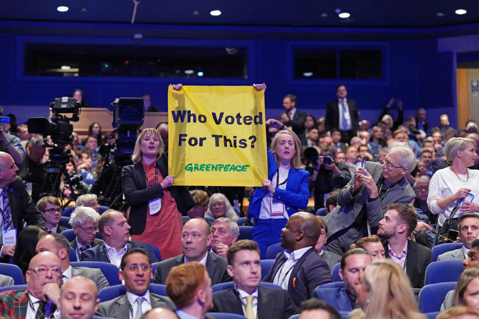 Tolga demonstration during Prime Minister Liz Truss speech during the Conservative Party annual conference at the International Convention Centre in Birmingham. Picture date: Wednesday October 5, 2022.