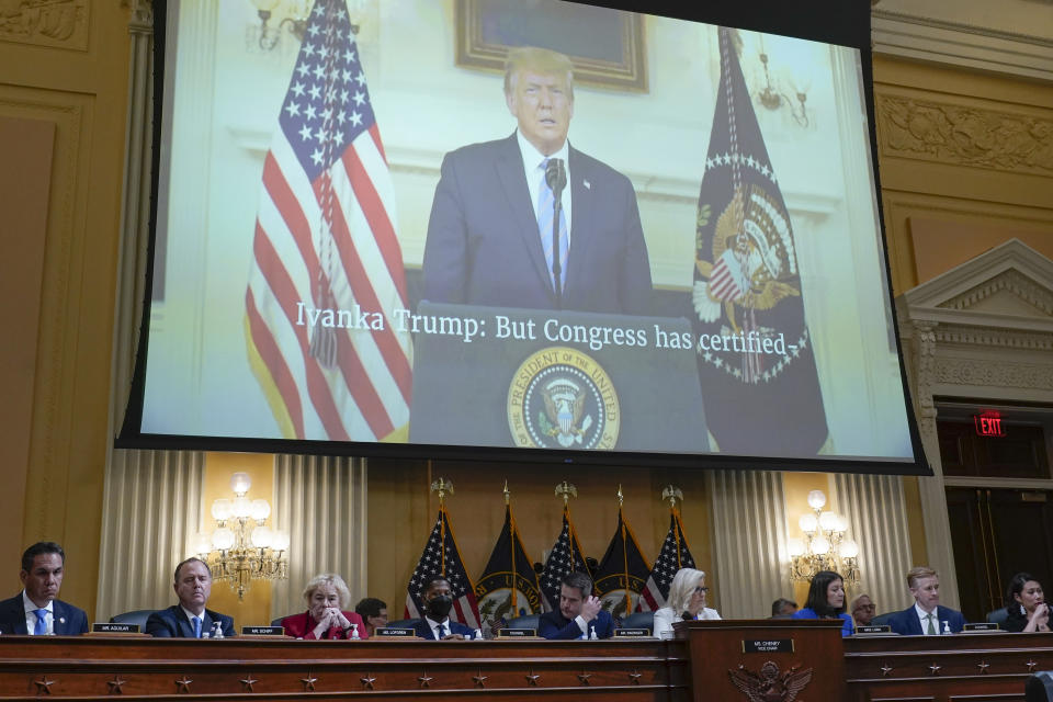 A video of President Donald Trump recording a statement on Jan. 7, 2021, is played, as the House select committee investigating the Jan. 6 attack on the U.S. Capitol holds a hearing at the Capitol in Washington, Thursday, July 21, 2022. (AP Photo/J. Scott Applewhite)