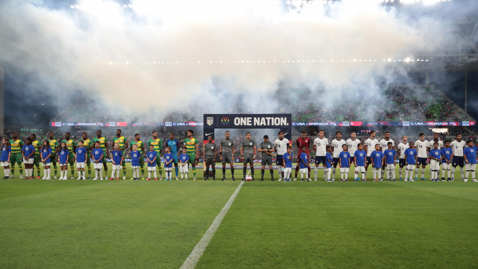 AUSTIN, TX - JUNE 10: Grenada and the United States line up before a game between Grenada and USMNT at Q2 Stadium on June 10, 2022 in Austin, Texas. (Photo by John Dorton/ISI Photos/Getty Images)