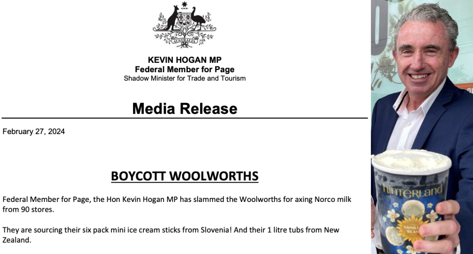 Left, the media release from Kevin Hogan MP. Right, Kevin Hogan holds Norco ice cream. 