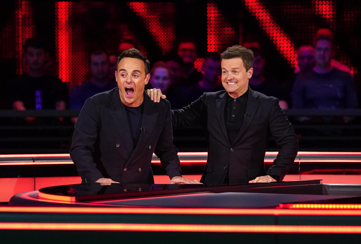 This image and the information contained herein is strictly embargoed until 00.01 Tuesday 4th January 2022

From Hello Dolly and Mitre Studios

Ant & DecÕs Limitless Win: Ep1 on ITV and ITV Hub

Pictured: Ant & Dec.

This photograph is (C) Hello Dolly/Mitre Studios and can only be reproduced for editorial purposes directly in connection with the programme or event mentioned above, or ITV plc. Once made available by ITV plc Picture Desk, this photograph can be reproduced once only up until the transmission [TX] date and no reproduction fee will be charged. Any subsequent usage may incur a fee. This photograph must not be manipulated [excluding basic cropping] in a manner which alters the visual appearance of the person photographed deemed detrimental or inappropriate by ITV plc Picture Desk.  This photograph must not be syndicated to any other company, publication or website, or permanently archived, without the express written permission of ITV Picture Desk. Full Terms and conditions are available on the website www.itv.com/presscentre/itvpictures/terms

For further information please contact:
james.hilder@itv.com / 0207 157 3052