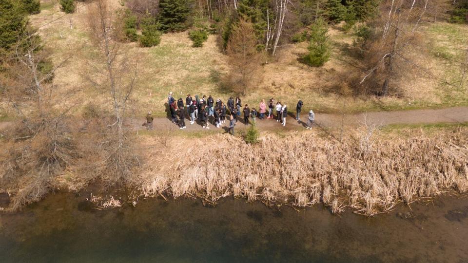 A view from the drone of students from Rob Redmond's conservation class taking part in the City Nature Challenge in Charlotetown, P.E.I. 