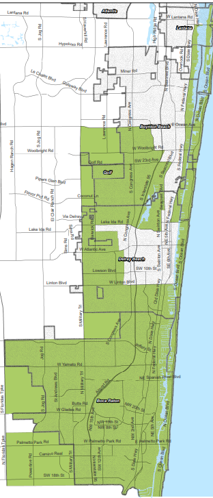 Map shows boundaries of District 4 in Palm Beach County. Candidates Marcia Woodward, a Republican, and Robert Weinroth, a Democrat, are on the ballot in November.