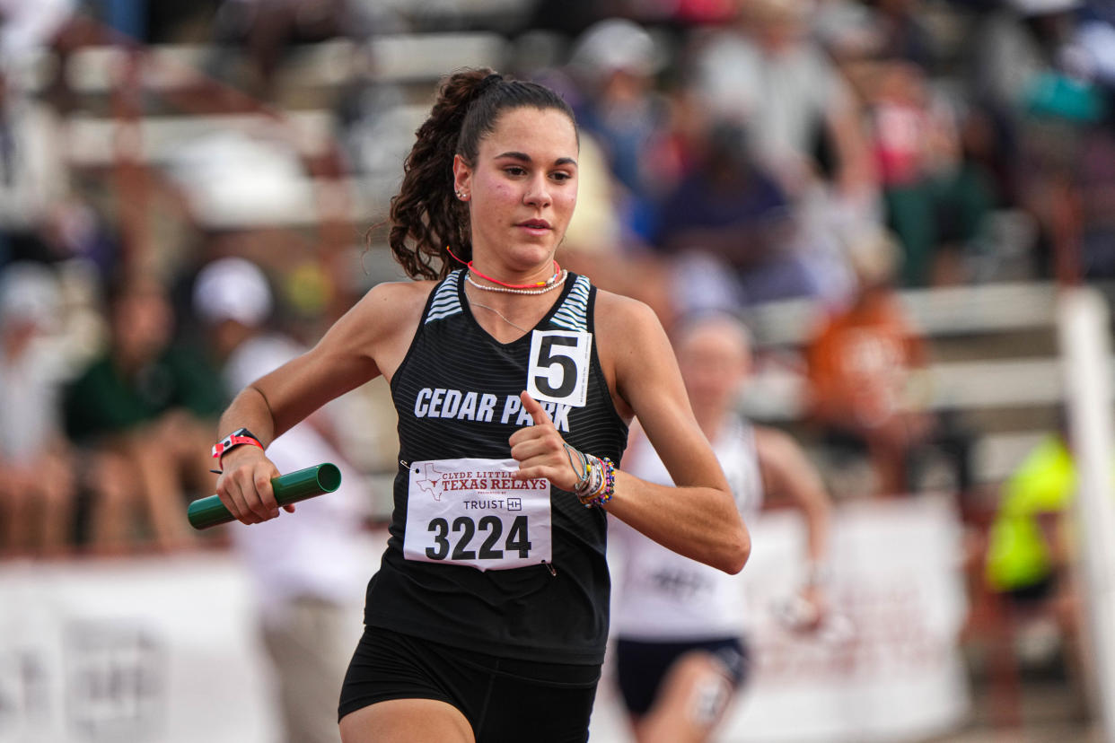 Cedar Park runner Isabel Conde De Frankenberg competes in the girls 1600 sprint medley at the 95th Clyde Littlefield Texas Relays at Mike A. Myers stadium on Friday, March 31, 2023 at the University of Texas at Austin.