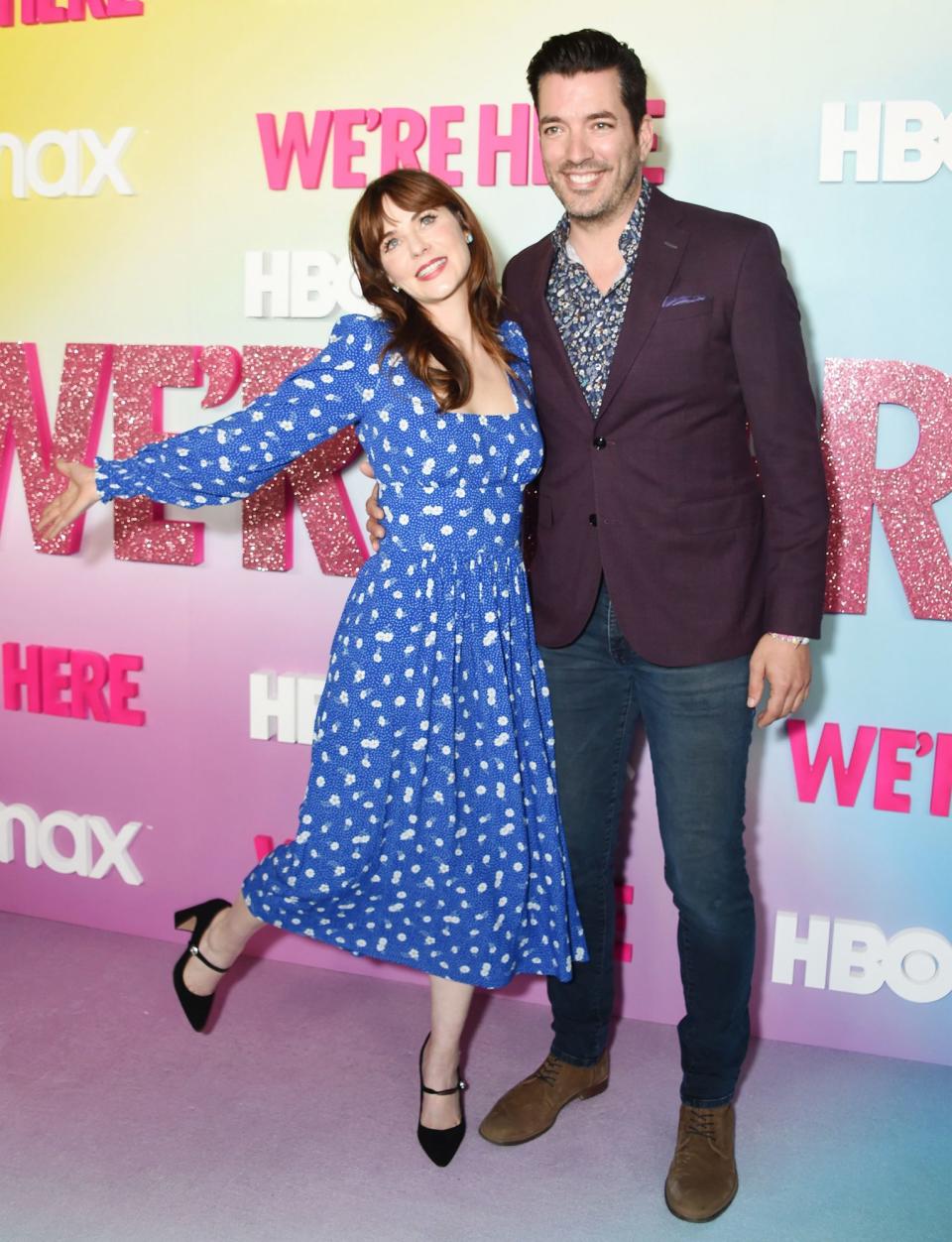 <p>Zooey Deschanel and boyfriend Jonathan Scott are delighted to be at the <em>We Are Here</em> season 2 premiere in L.A. on Oct. 8.</p>