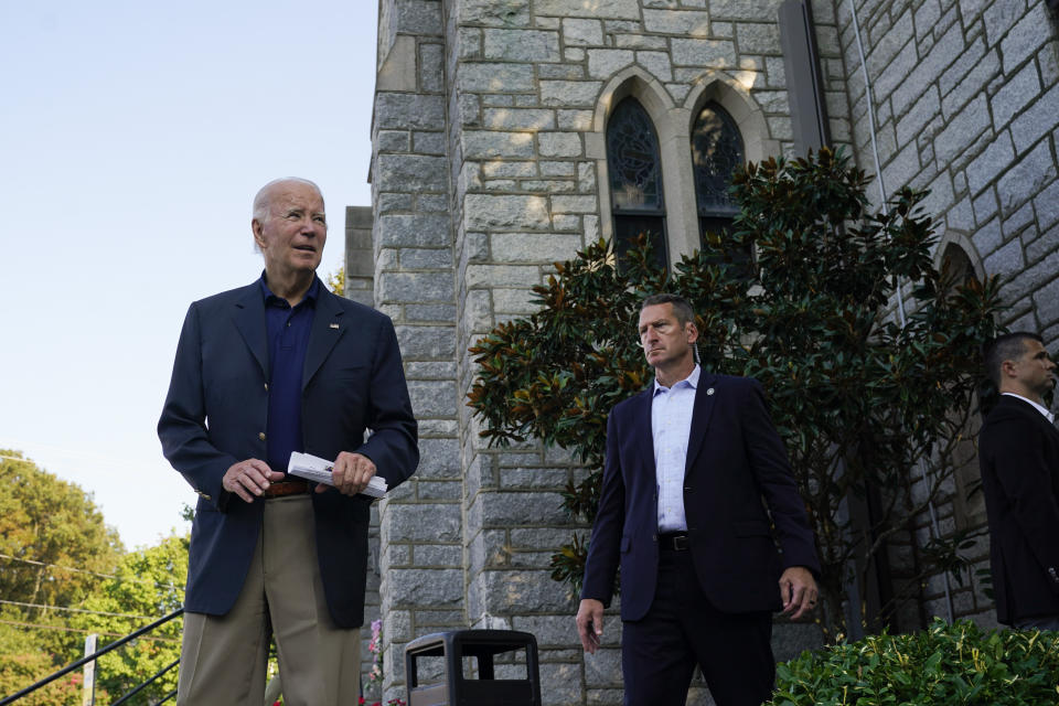 President Joe Biden speaks to members of the media after attending Mass at St. Edmond Roman Catholic Church in Rehoboth Beach, Del., Sunday, Sept. 3, 2023. (AP Photo/Manuel Balce Ceneta)