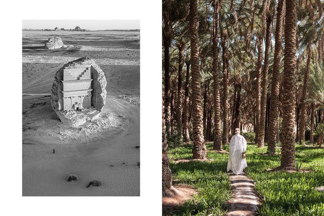 <p>Kevin West</p> From left: The Tomb of Lihyan, son of Kuza, in Saudi Arabia’s AlUla region, is thought to be 2,000 years old; Laura Alho, creator of Blue Abaya, a blog for expats living in Saudi Arabia, in the oasis outside AlUla’s Old Town.