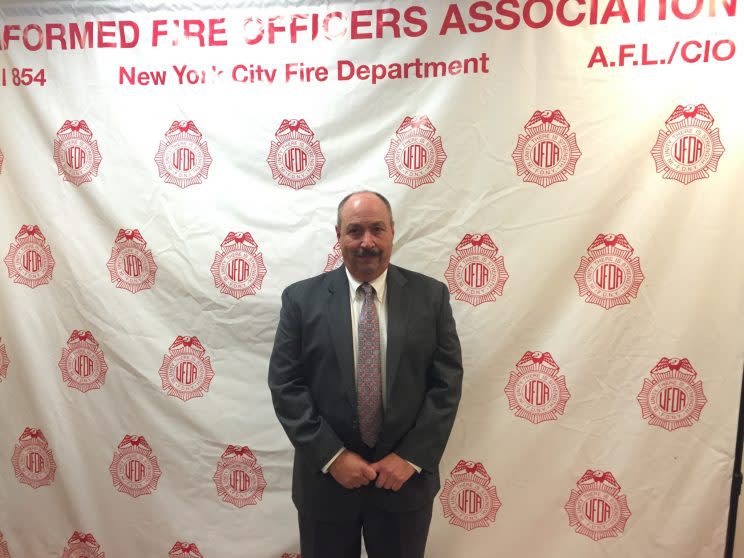 Uniformed Fire Officers Association President Jake Lemonda discusses Ground Zero-related illnesses in New York, September 9, 2016. (Photo: Michael Walsh/Yahoo News)