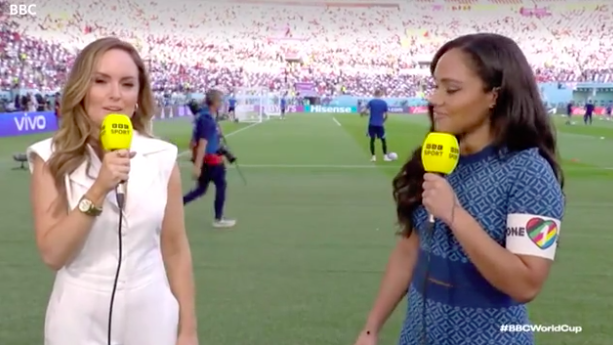 Screen shot of Alex Scott wearing the OneLove armband during World Cup coverage. (BBC)