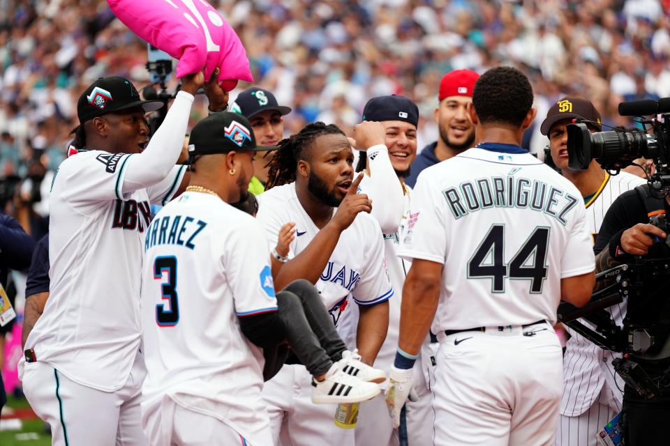 Vladimir Guerrero Jr. joined his father as a Home Run Derby champion on Monday. (Daniel Shirey/MLB Photos via Getty Images)