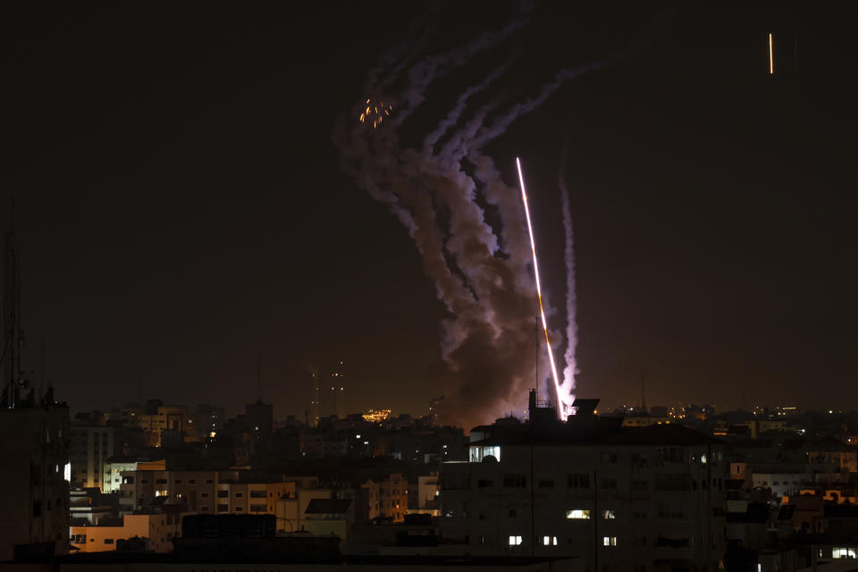 Rockets are launched from the Gaza Strip towards Israel, in Gaza, Wednesday, May 10, 2023. (AP Photo/Fatima Shbair)