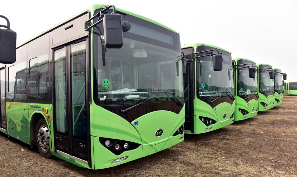 Autobuses eléctricos almacenados en un una planta de producción del fabricante chino. Foto: VCG.