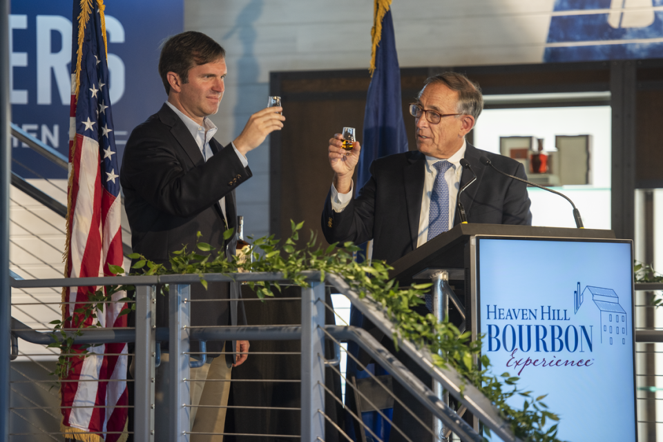 Kentucky Gov. Andy Beshear joined Heaven Hill president Max Shapira on June 14 to toast the new Heaven Hill Bourbon Experience in Bardstown, which officially opened on June 15 to visitors.