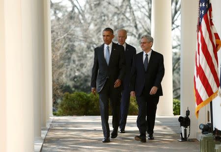 U.S. President Barack Obama (L) arrives with Judge Merrick Garland (R) and Vice President Joe Biden prior to announcing Garland as his nominee to the U.S. Supreme Court, at the White House in Washington, March 16, 2016. REUTERS/Jonathan Ernst