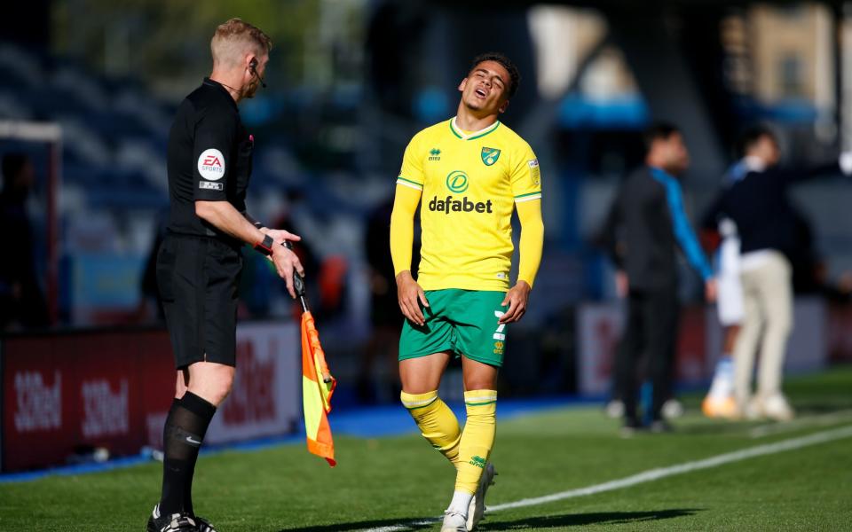 Max Aarons of Norwich City protests to the linesman during the Sky Bet Championship match between Huddersfield Town  - Getty Images