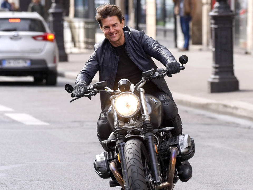 <p>In Paris, the <i>Mission: Impossible</i> star cruised the streets on a motorcycle while filming the sixth installment of the action franchise. (Photo: AKM-GSI) </p>