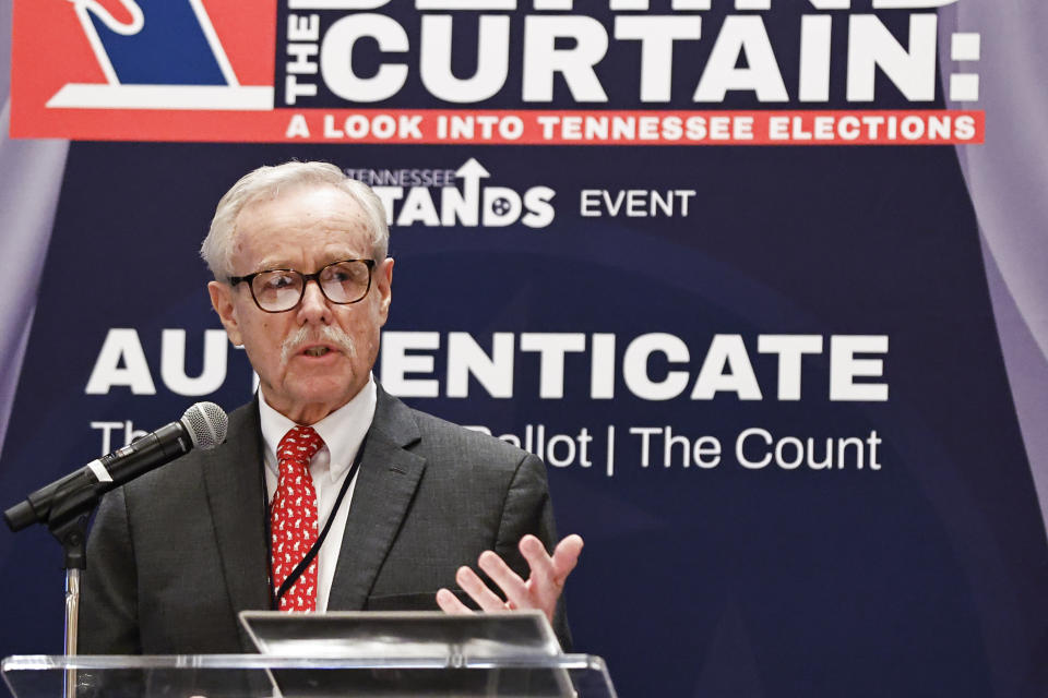 Ned Jones talks about to expose and mitigate the damage of non-profit groups during an Election Conspiracy Forum Saturday, March 11, 2023, in Franklin, Tenn. (AP Photo/Wade Payne)