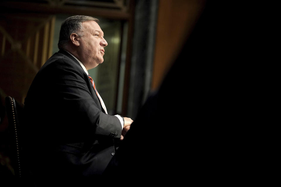 Secretary of State Mike Pompeo testifies during a Senate Foreign Relations committee hearing on the State Department's 2021 budget on Capitol Hill Thursday, July 30, 2020, in Washington. (Greg Nash/Pool via AP)