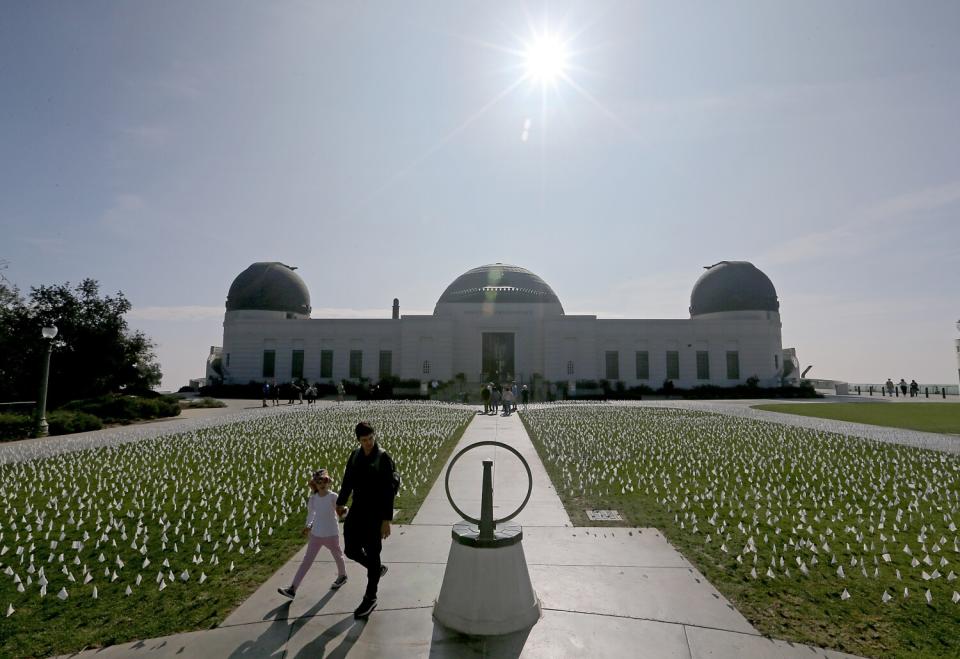 A flag memorial to victims of COVID-19 covers the lawn of the Griffith Observatory