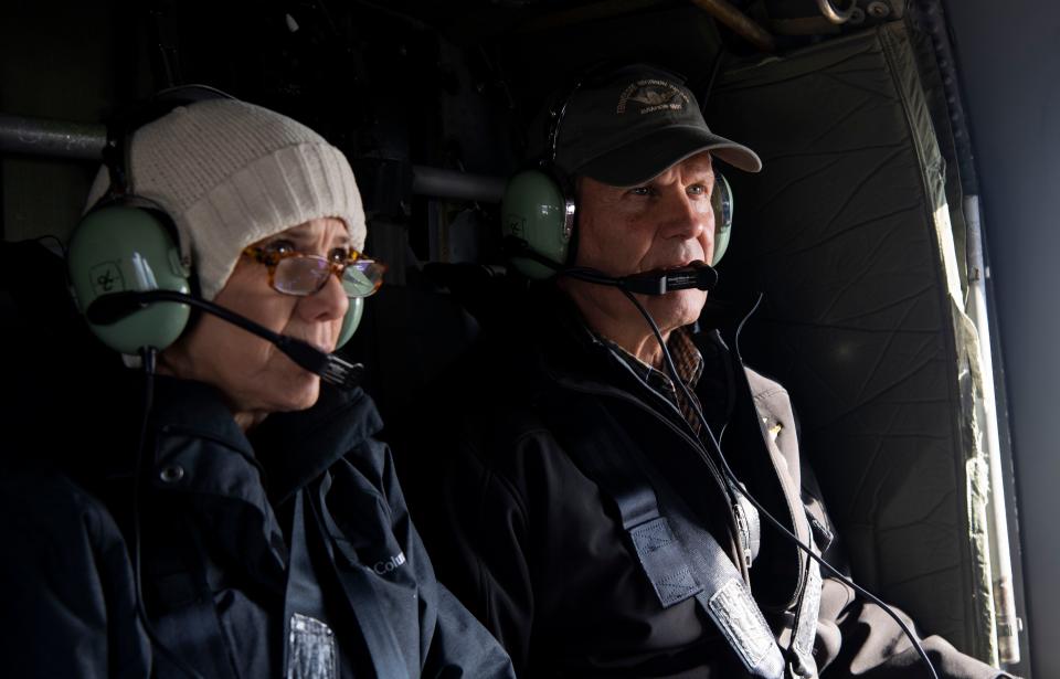 First lady Maria Lee and Gov. Bill Lee ride in a Black Hawk helicopter before seeing the damage left after a series of tornados swept through Tennessee, Sunday, Dec. 10, 2023.