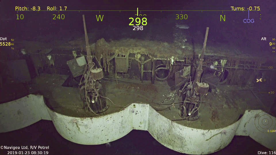 This photo provided by Paul G. Allen’s Vulcan Inc. shows 20mm Oerlikons on port quarter at the wreckage of the USS Hornet. A research vessel funded by the late Seattle billionaire Paul Allen has discovered the wreckage of the aircraft carrier sunk in the South Pacific during World War II. Allen's Vulcan Inc. announced this week of Feb. 10, 2019, that an autonomous submarine sent by the crew of the research vessel Petrel found the USS Hornet nearly 17,500 feet (5,400 meters) deep near the Solomon Islands. The Hornet was best known for its part in the Doolittle Raid in April 1942, the first air attack on Japan. (Paul G. Allen’s Vulcan Inc. via AP)