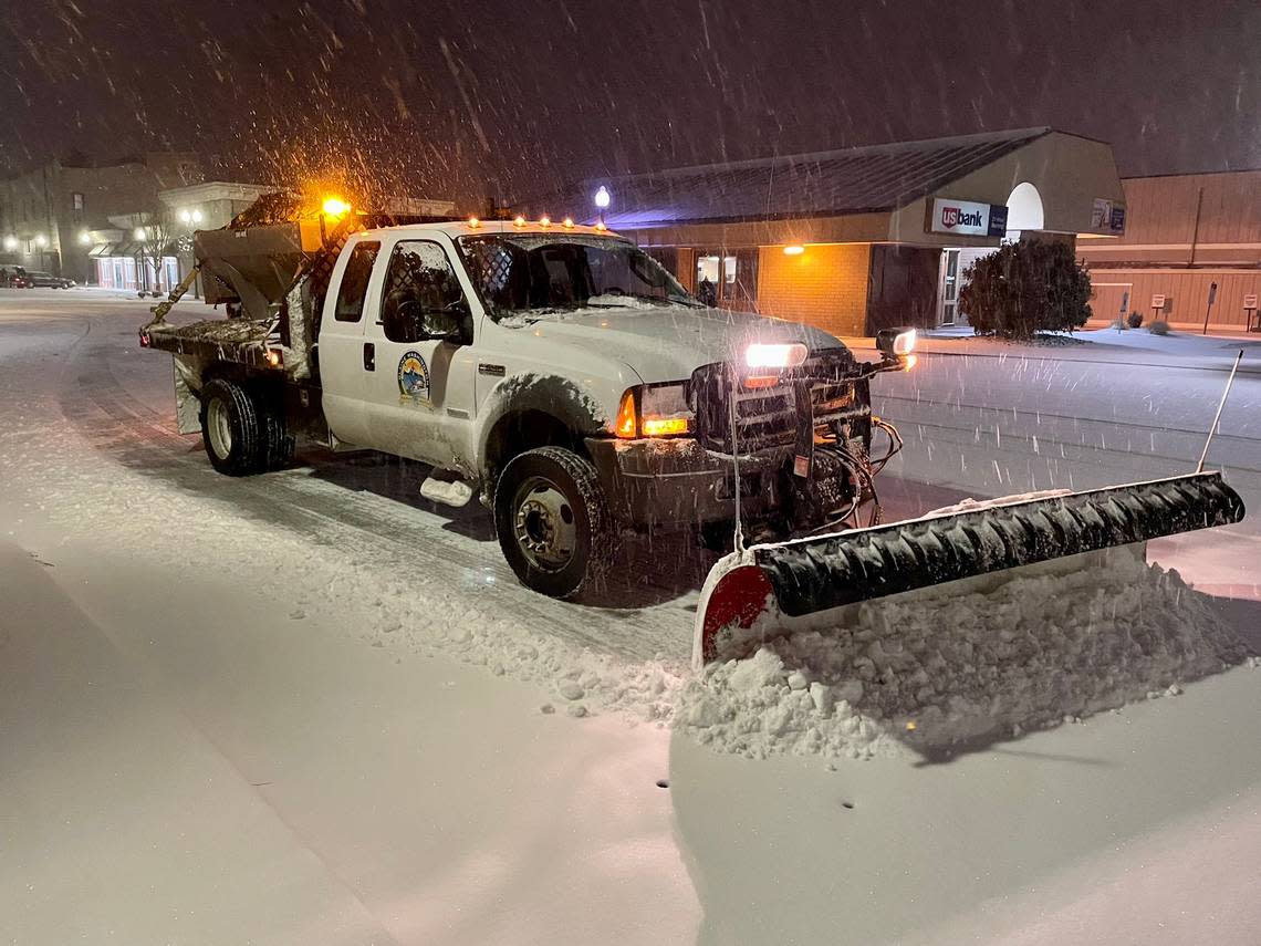 Blaine Public Works crew plows snow in the city on Whatcom County’s northern border Monday evening, Dec. 19. The city saw about 5 inches of snow overnight.