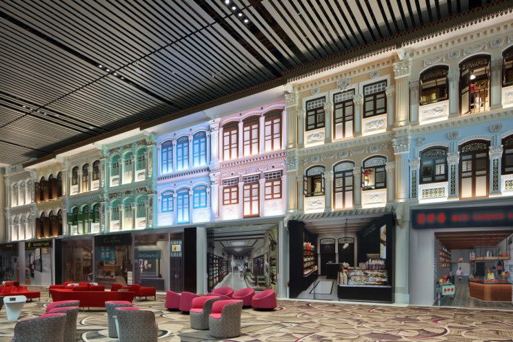 Changi Airport celebrates Singaporean culture at the Heritage Zone, where passengers will find iconic shophouse facades that represent the evolution of architecture in Singapore from the 1880s to the 1950s. (Photo: Changi Airport Group)