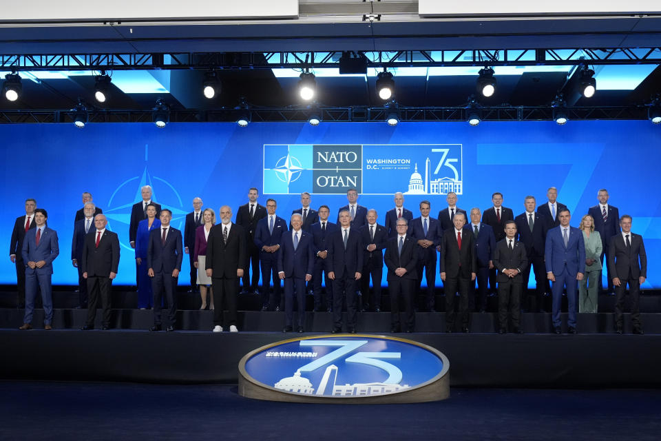 NATO leaders pose for an official photo at the NATO summit in Washington, Wednesday, July 10, 2024. Front row from left, Justin Trudeau, Prime Minister of Canada, Dimitar Glavchev, Prime Minister of Bulgaria, Alexander De Croo, Prime Minister of Belgium, Edi Rama, Prime Minister of Albania, U.S. President Joe Biden, Jens Stoltenberg, Secretary General of the NATO, Kier Starmer, Prime Minister of the United Kingdom, Recep Tayyip Erdogan, President of Turkey, Ulf Kristersson, Prime Minister of Sweden, Pedro Sanchez, President of Spain, and Robert Golob, Prime Minister of Slovenia. Second row from left, Zoran Milanovic, President of Croatia, Petr Pavel, President of the Czech Republic, Mette Frederiksen, Prime Minister of Denmark, Kaja Kallas, Prime Minister of Estonia, Alexander Stubb, President of Finland, Emmanuel Macron, President of France, Olaf Scholz, Chancellor of Germany, Kyriakos Mitsotakis, Prime Minister of Greece, Viktor Orban, Prime Minister of Hungary, Bjarni Benediktsson, Prime Minister of Iceland and Giorgia Meloni, Prime Minister of Italy. Third row from left, Edgars Rinkevics, President of Latvia, Gitanas Nauseda, President of Lithuania, Luc Frieden, Prime Minister of Luxembourg, Milojko Spajic, Prime Minister of Montenegro, Dick Schoof, Prime Minister of the Netherlands, Hristijan Mickoski, Prime Minister of North Macedonia, Jonas Gahr Store, Prime Minister of Norway, Andrzej Duda, President of Poland, Luis Montenegro, Prime Minister of Portugal, Klaus Werner Iohannis, President of Romania and Peter Pellegrini, President of Slovakia. (AP Photo/Mark Schiefelbein)
