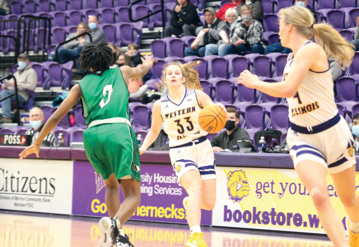 Anna Deets handles the ball for Western Illinois.