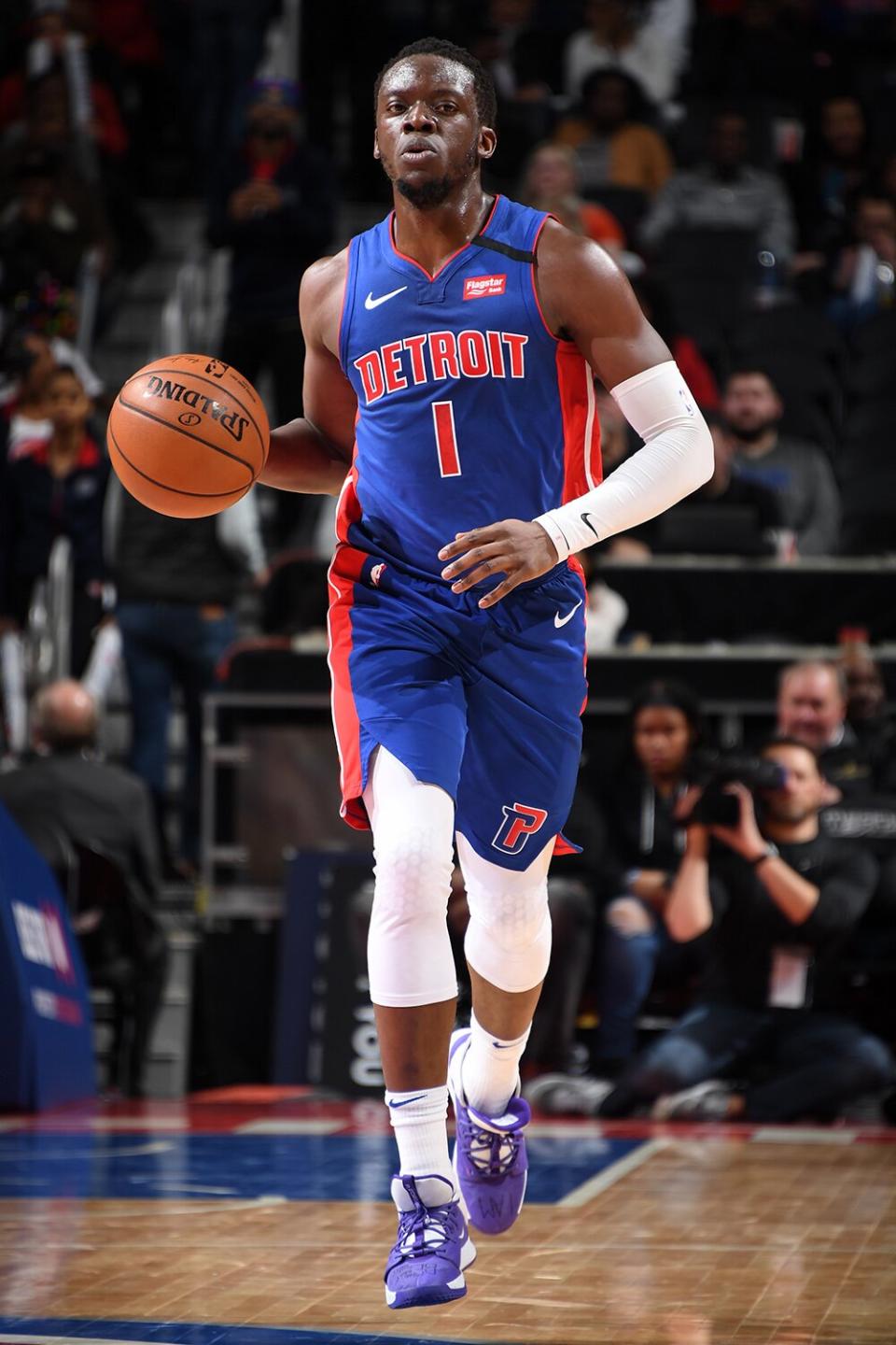 DETROIT, MI - FEBRUARY 5: Reggie Jackson #1 of the Detroit Pistons handles the ball against the Phoenix Suns on February 5, 2020 at Little Caesars Arena in Detroit, Michigan. NOTE TO USER: User expressly acknowledges and agrees that, by downloading and/or using this photograph, User is consenting to the terms and conditions of the Getty Images License Agreement. Mandatory Copyright Notice: Copyright 2020 NBAE (Photo by Chris Schwegler/NBAE via Getty Images)