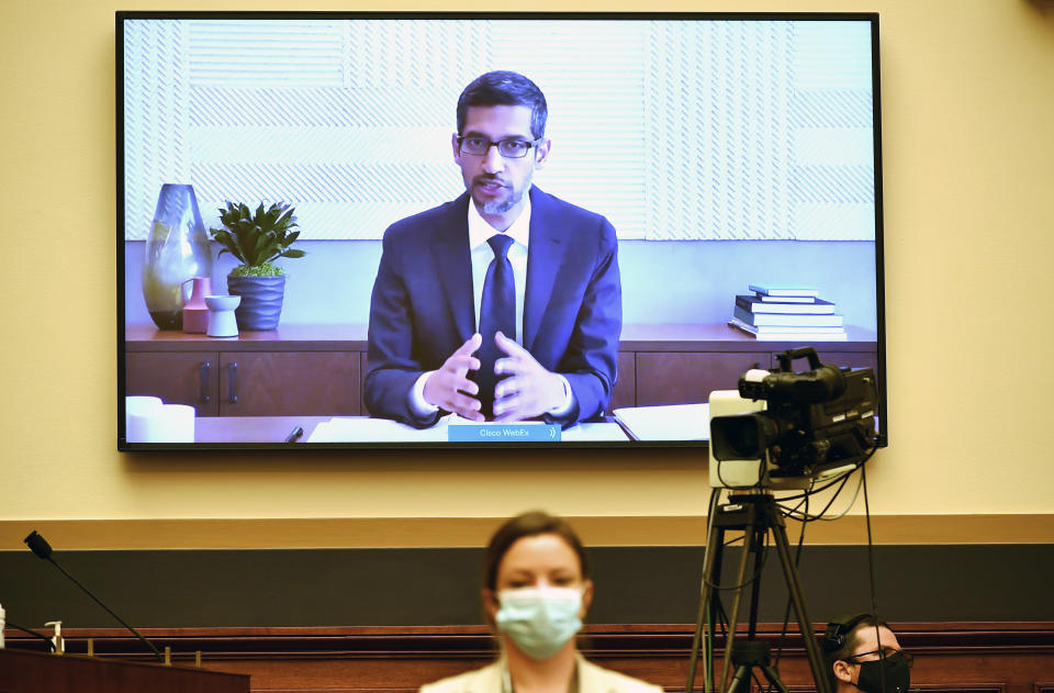 Google CEO Sundar Pichai testifies remotely during a House Judiciary subcommittee hearing on antitrust on Capitol Hill on Wednesday, July 29, 2020, in Washington. (Mandel Ngan/Pool via AP)