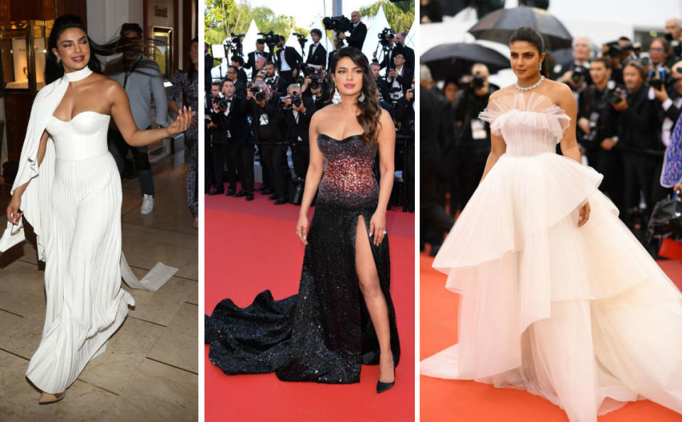 Priyanka hit the red carpet in a glittering strapless Roberto Cavalli gown with hammered Chopard earrings that nearly graced her shoulders. Then her husband Nick joined her at the event, and the duo re-created their bridal moment with Priyanka in a dramatic Georges Hobeika gown and Chopard jewels.