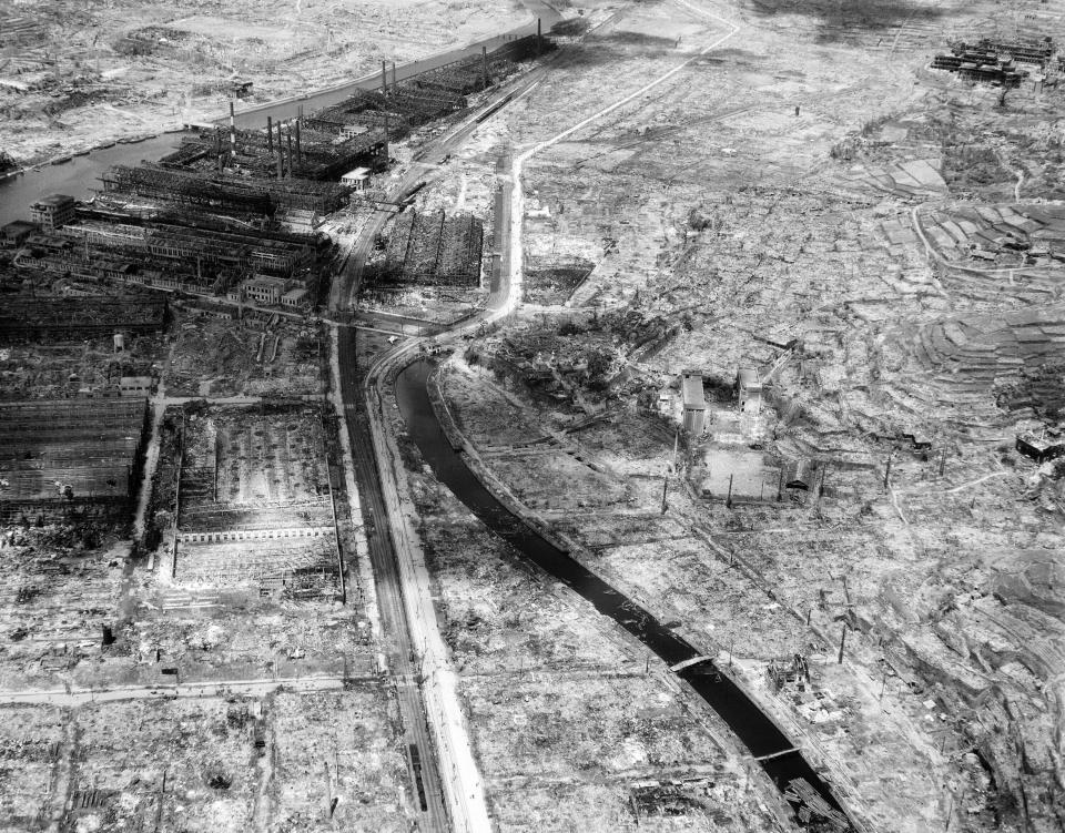 FILE - In this Sept. 4, 1945, file photo shows an entire section of Nagasaki gutted by one atomic bomb dropped on the Japanese port city by an American B-29. The remains of a factory can be seen at upper left. The city of Nagasaki in southern Japan marks the 75th anniversary of the U.S. atomic bombing of Aug. 9, 1945. It was a second nuclear bomb dropped by the U.S. three days after it made the world’s first atomic attack on Hiroshima. Japan surrendered on Aug. 15, ending World War II and its nearly a half-century aggression toward Asian neighbors. Dwindling survivors, whose average age exceeds 83, increasingly worry about passing their lessons on to younger generations. (AP Photo, File)