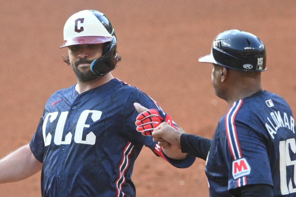 Jun 21, 2024; Cleveland, Ohio, USA; Cleveland Guardians catcher Austin Hedges (27) celebrates his two-RBI single in the second inning against the Toronto Blue Jays at Progressive Field. Mandatory Credit: David Richard-USA TODAY Sports