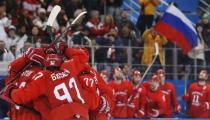 Ice Hockey - Pyeongchang 2018 Winter Olympics - Men's Final Match - Russia - Germany - Gangneung Hockey Centre, Gangneung, South Korea - February 25, 2018 - The Russian team celebrates after Olympic Athlete from Russia Vyacheslav Voinov scored a goal. REUTERS/Kim Kyung-Hoon