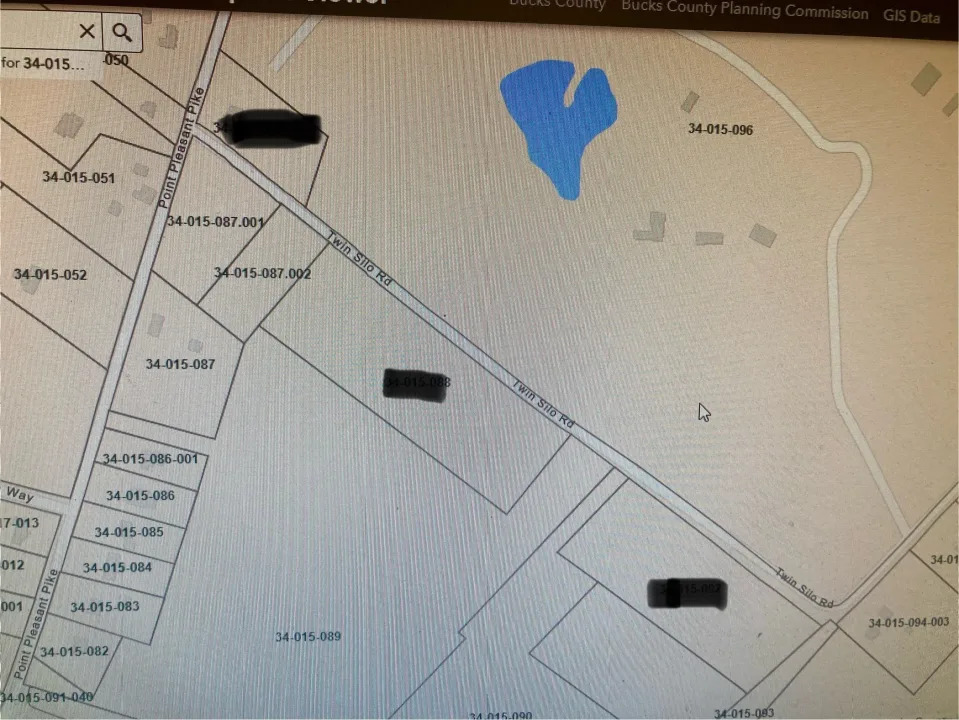 This Bucks County map show the three parcels that Goode Pointe LLC purchased last month along Twin Silo Road and Point Pleasant Pike in Plumstead. Provided by Bucks County GIS Maps