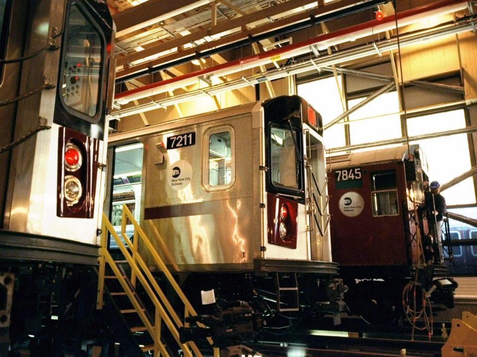 New millennium subway cars, the Bombardier R142 and the Kawasaki R142A at the IRT East 180th St. Bronx yard next to the models currently in use on the farright