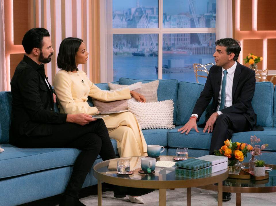 Rylan Clark and Rochelle Humes speaking to Rishi Sunak on This Morning in January, 2024. (Shutterstock/ITV)