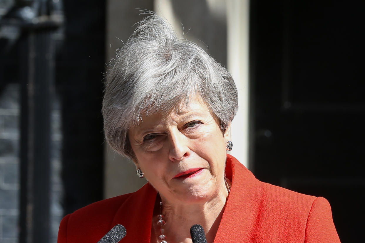 British Prime Minister Theresa May is seen breaking into tears as she made a statement in Downing Street after meeting Graham Brady, the chair of 1922 committee. Theresa May will resign as Prime Minister and the leader of the Conservative Party on 7 June 2019. (Photo by Dinendra Haria / SOPA Images/Sipa USA)