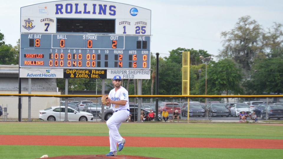 Former BNL star pitcher Austin Long goes into his windup for Rollins College against St. Leo this season at Winter Park, Fl.