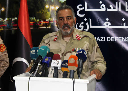 Benghazi Defence Brigades leader Mustafa al-Sharksi attends a news conference, Libya, March 6, 2017. REUTERS/Stringer