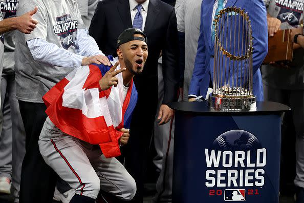 HOUSTON, TEXAS - NOVEMBER 02:  Eddie Rosario #8 of the Atlanta Braves celebrates after the team's 7-0 victory against the Houston Astros in Game Six to win the 2021 World Series at Minute Maid Park on November 02, 2021 in Houston, Texas. (Photo by Bob Levey/Getty Images)