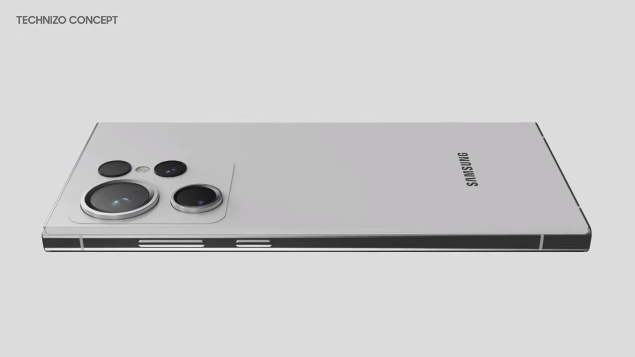  A render of the Galaxy S24 Ultra from the back in white. 